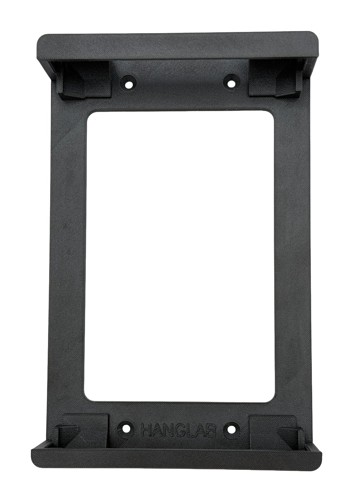 The black HangLab UCG-Fiber bracket on its own, showing the four countersunk screw holes, the corner seats and the open window