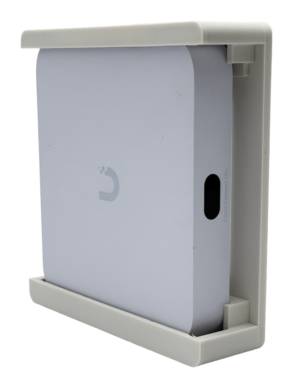 HangLab wall mount for the Ubiquiti UCG-Max, white, three-quarter view with the gateway in place