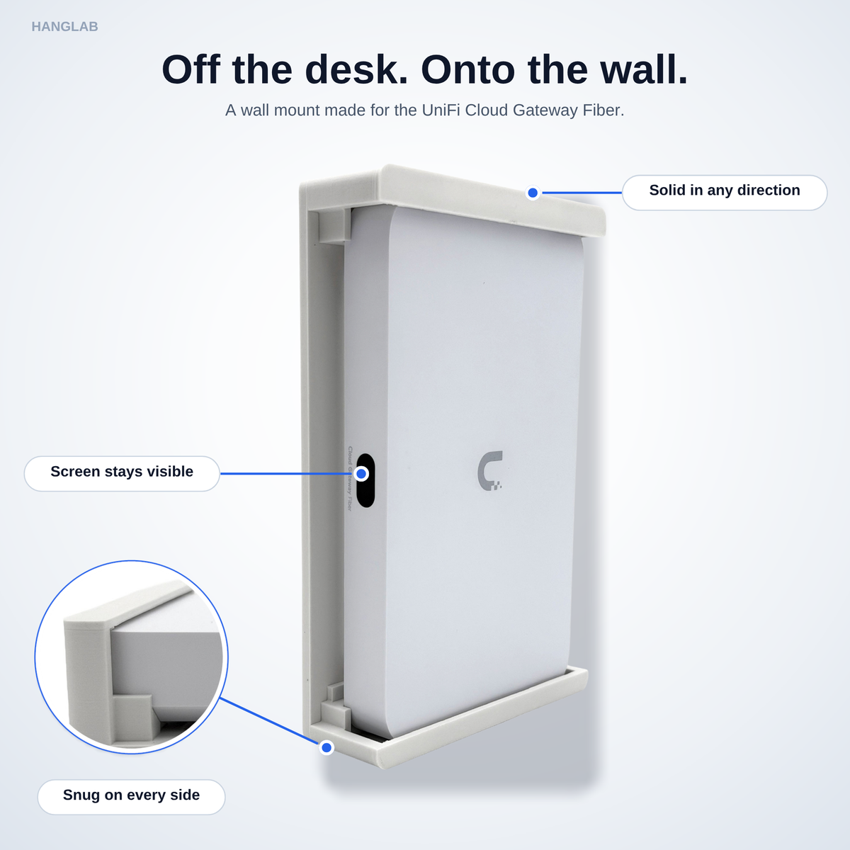 HangLab wall mount for the UCG-Fiber: solid in any direction, the screen stays visible and the gateway is snug on every side