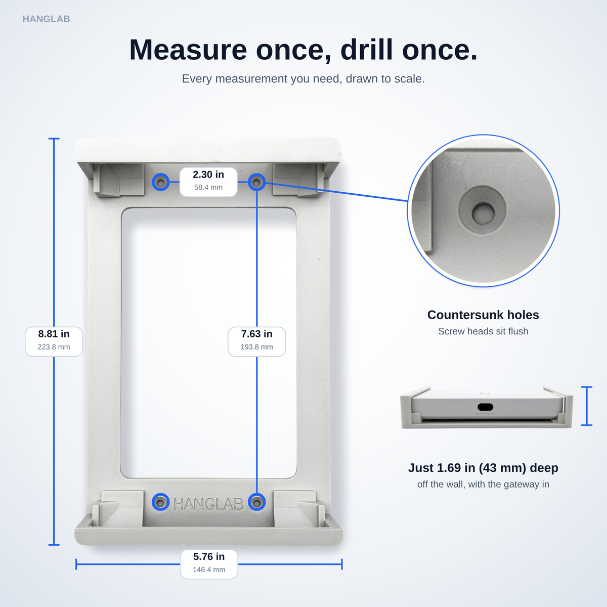 HangLab UCG-Fiber wall mount measurements: screw holes 2.30 x 7.63 in (58.4 x 193.8 mm) apart, 5.76 x 8.81 in overall, 1.69 in deep with the gateway in